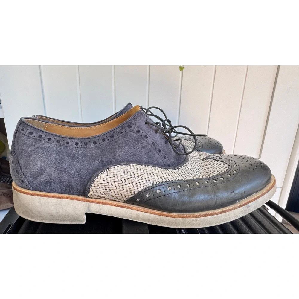 Giorgio Armani Mens Woven Suede Leather Wingtip Oxford Shoes Navy Made in Italy